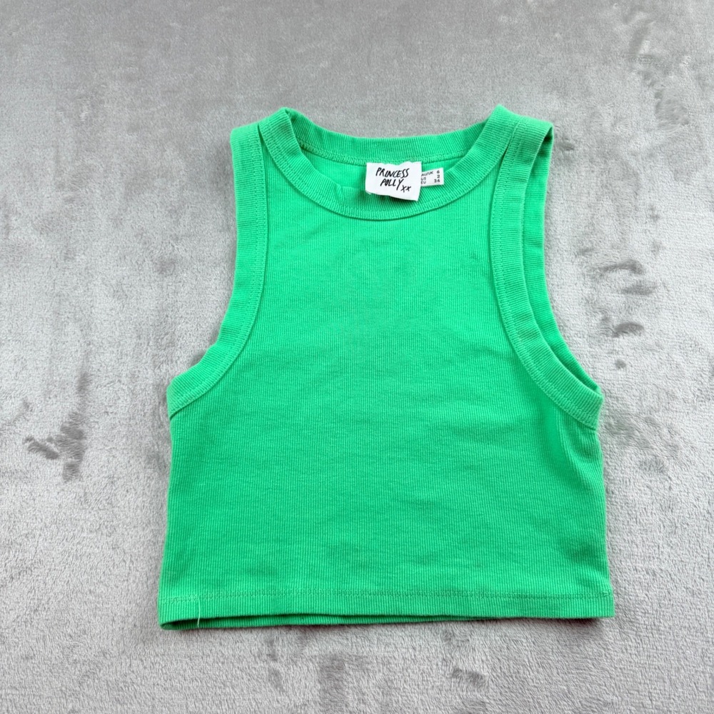 Princess Polly Green Ribbed Organic Cotton Cropped Tank Top Women's US 2